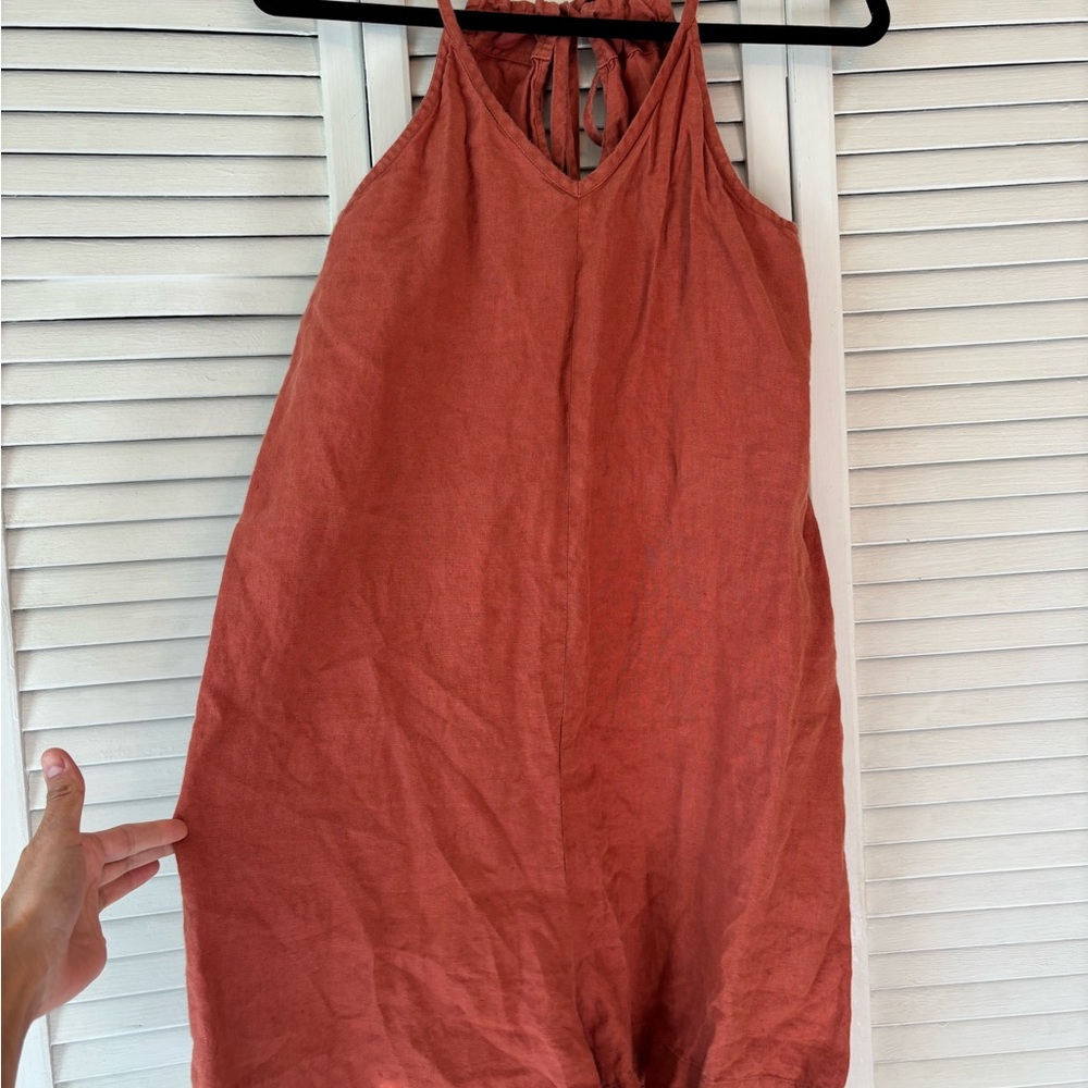 Linen Blend Rust Slip Dress with Tie Back